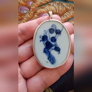 Antique 1800s Chinese Porcelain, Sterling Silver, Pendant